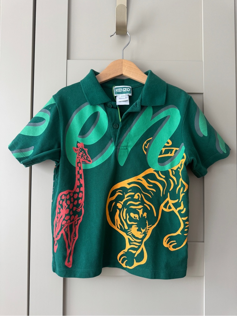 Kenzo Boys Green Polo with Yellow Tiger and Red Giraffe Vibrant 100% Cotton